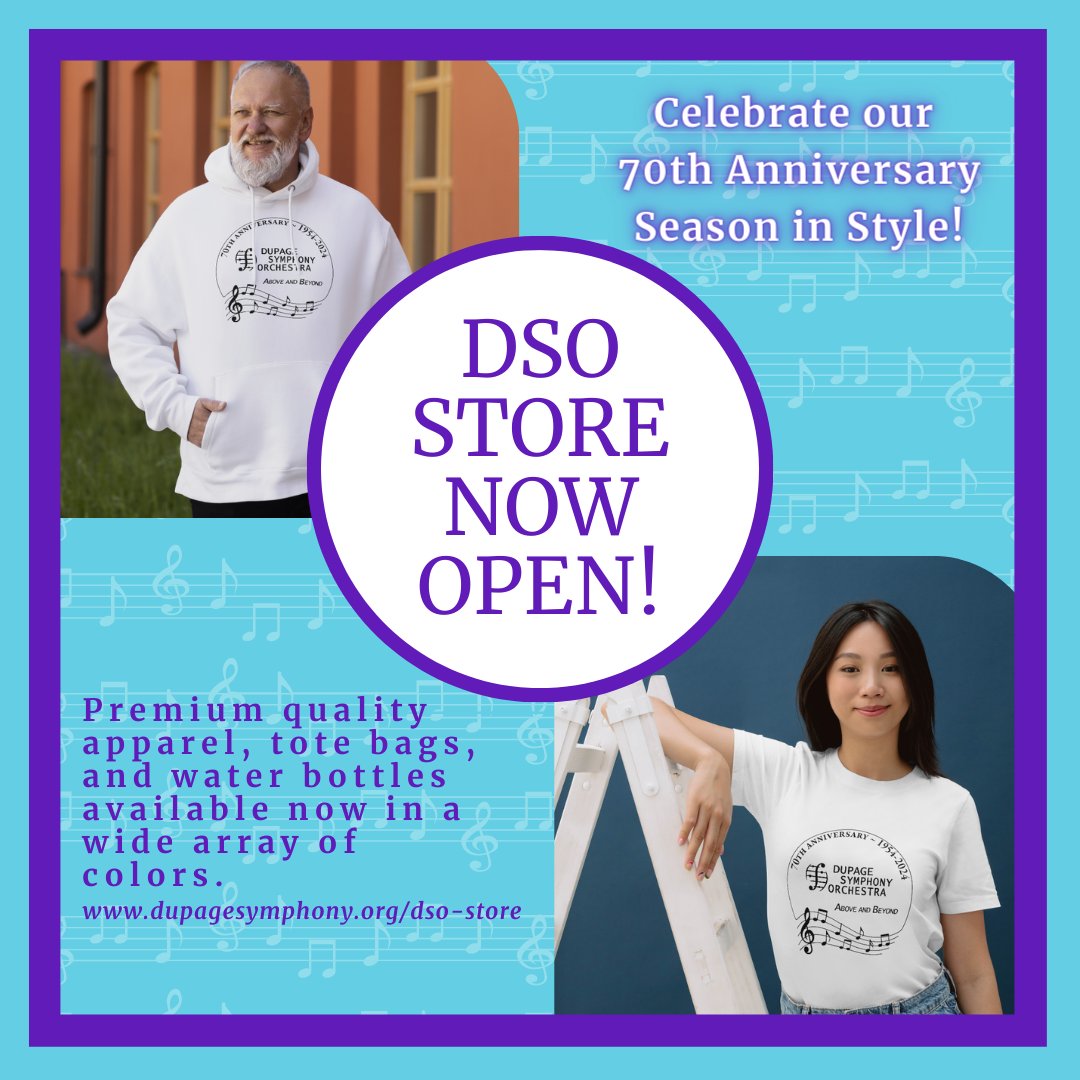 Our very own DSO online store is LIVE and you can go right now to purchase quality merch in your favorite colors!

What's more, this brand new merch showcases our very special 70th Anniversary celebration logo!

Visit the DSO store here: dupagesymphony.org/dso-store/