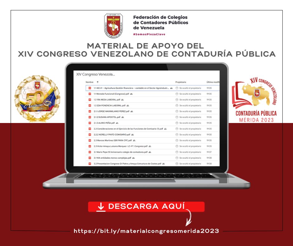 FccpvOficial's tweet photo. 🚨🇻🇪 Te invitamos a descargar el Material de Apoyo del XIV Congreso Venezolano de Contaduría Pública.
Haz click aqui:
🔗 https://t.co/AROHJzW9l6
#XIVCongresoMerida2023
#ContadoresDeAltura
#VenezuelaPresente
#SomosPiezaClave https://t.co/fb82xmbT6O