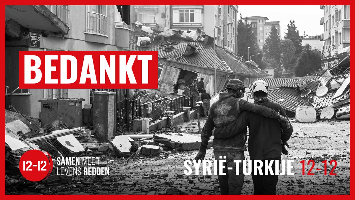 De oproep Syrië-Turkije 12-12 werd op 31 juli 2023 afgesloten. Gelanceerd op 12 februari, was de respons op deze solidariteitsoproep enorm: burgers, organisaties, bedrijven en overheden hebben samen 16.537.034 euro gedoneerd. 
Dit is een prachtig en hartverwarmend resultaat!