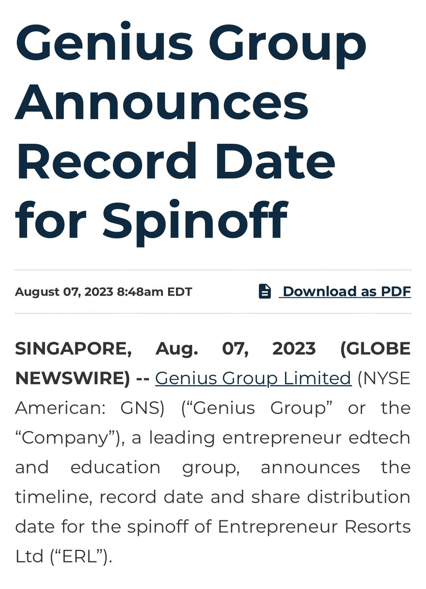 The $GNS Record Date and full share count for the $ERL spinoff is set for 31 Aug. ir.geniusgroup.net/news-events/pr…