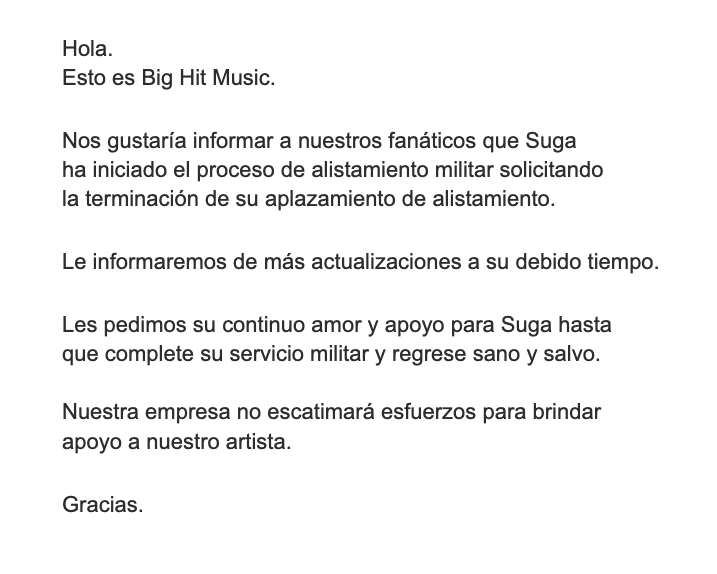 LiryOnni's tweet photo. Bighit informó que #Suga ha iniciado el proceso de alistamiento militar 😢

Tendremos más actualizaciones a su debido tiempo. https://t.co/0qEoT29KOP