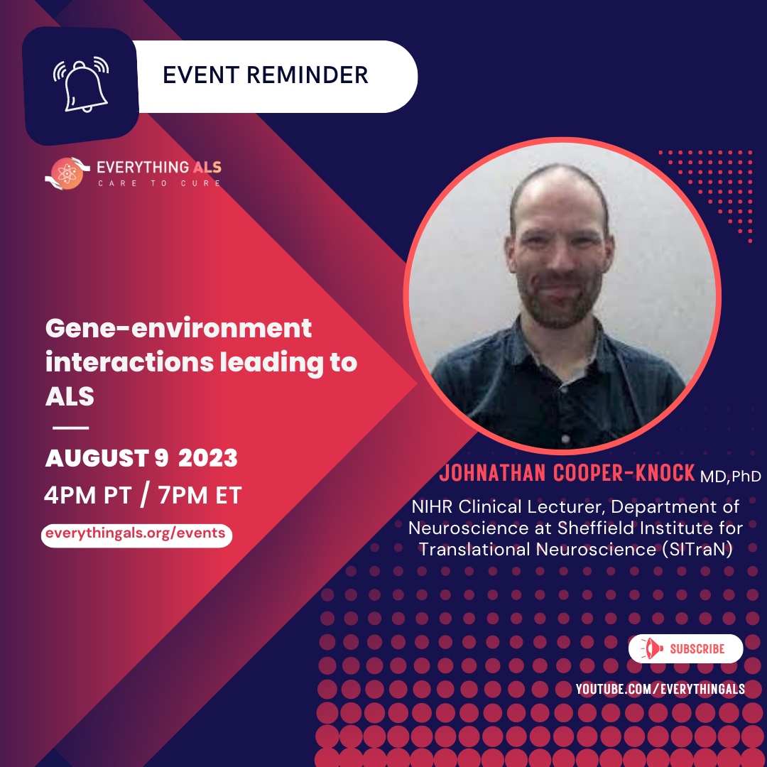 everything_als's tweet photo. We are excited for our next #ALSExpertTalks with Dr. Johnathan Cooper-Knock
August 9th 2023,(4 PM PT | 7 PM ET )
Register: https://t.co/4IgULUega3
Hope to see you there!
#ALS#ALSTalk#EverythingALS https://t.co/5zFVHiMIA5