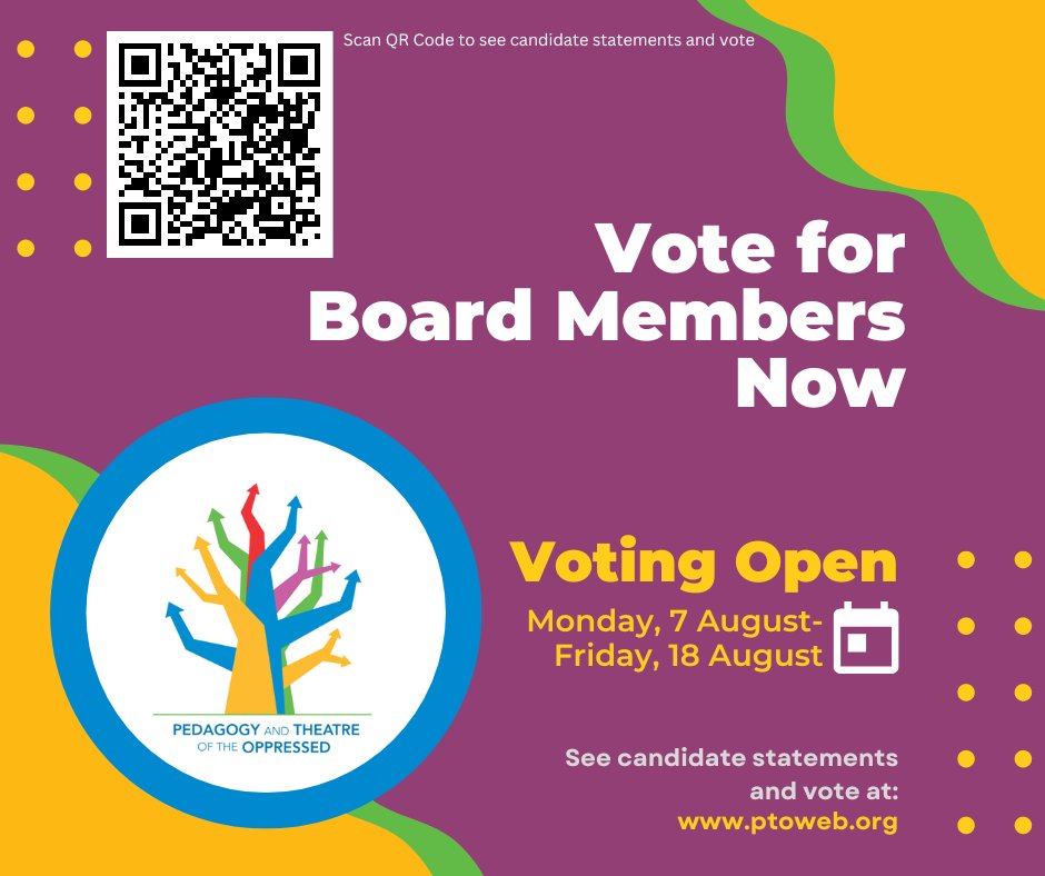 Vote for Board Members Now! Members of PTO are invited to visit ptoweb.org/aboutpto/board… or to scan the qr code to read board candidate statements and to vote for board members! Voting is open now and continues through Friday, August 18, 5:00pm Eastern!