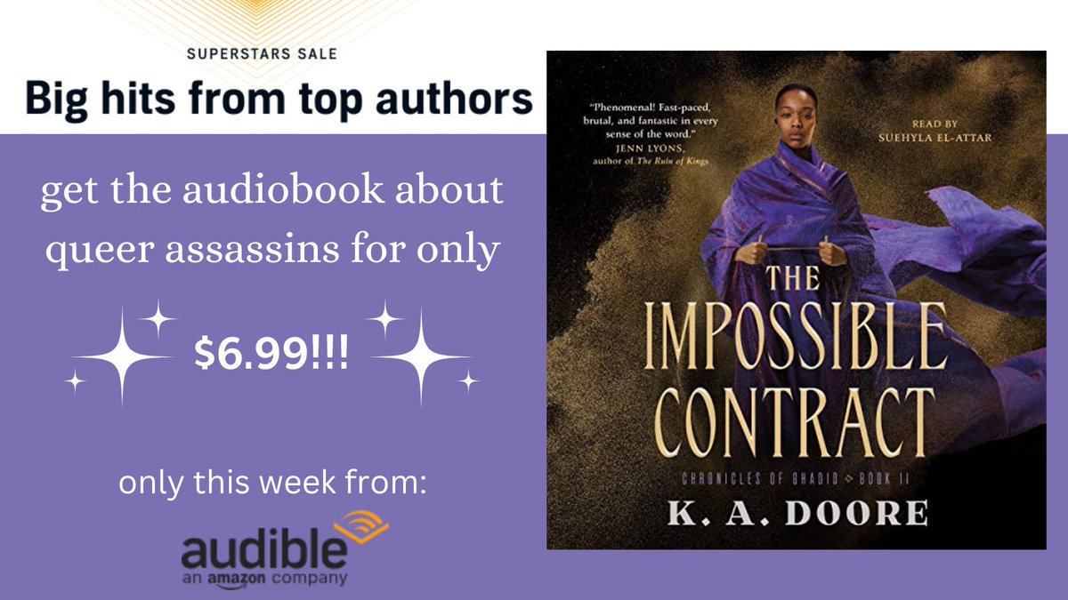 I've heard from a little birdie that the audiobook for THE IMPOSSIBLE CONTRACT is on sale only this week from Audible! It's got: - a lesbian assassin & her prickly healer - a fastidious necromancer - undead camels - an arm. just. an arm. on its own. oh no. audible.com/pd/The-Impossi…