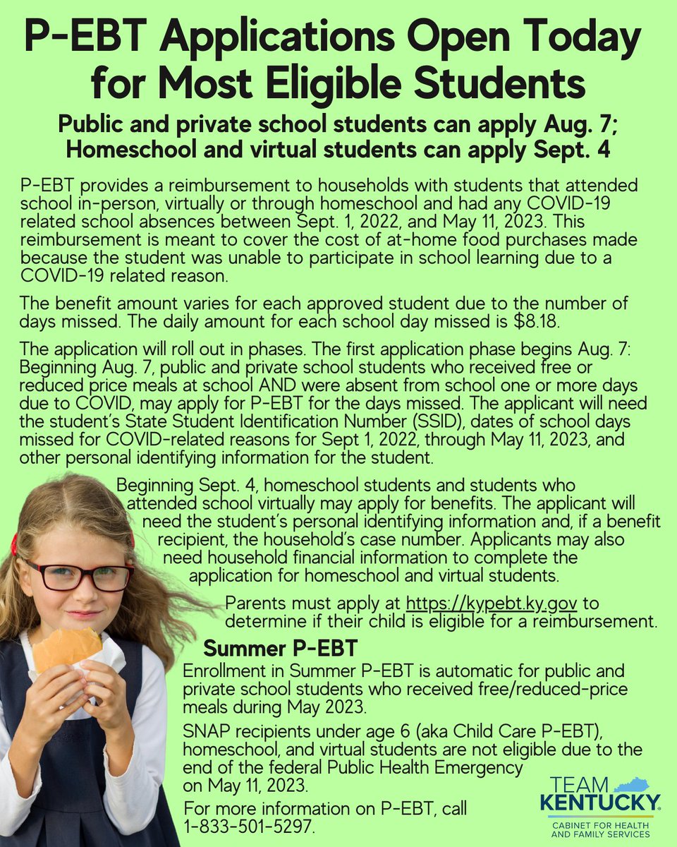 The application process for school year 2022-23 Pandemic-EBT benefits will open for the families of most public and private school students today! Application process opens Sept. 4 for homeschool and virtual students. Application required - go to kypebt.ky.gov to apply.