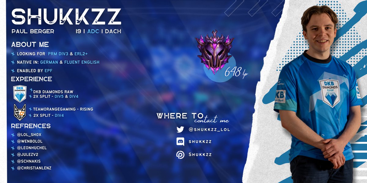 After two successful splits with @DKBDiamonds RAW,
I am looking for a new team for the upcoming split. 
I am interested in either playing the winter cup or committing to a long-term project.

· VODs available on request 
· lolpros below
· ❤️+🔁appreciated

graphic by <a href="/aptraxia/">Engie</a>