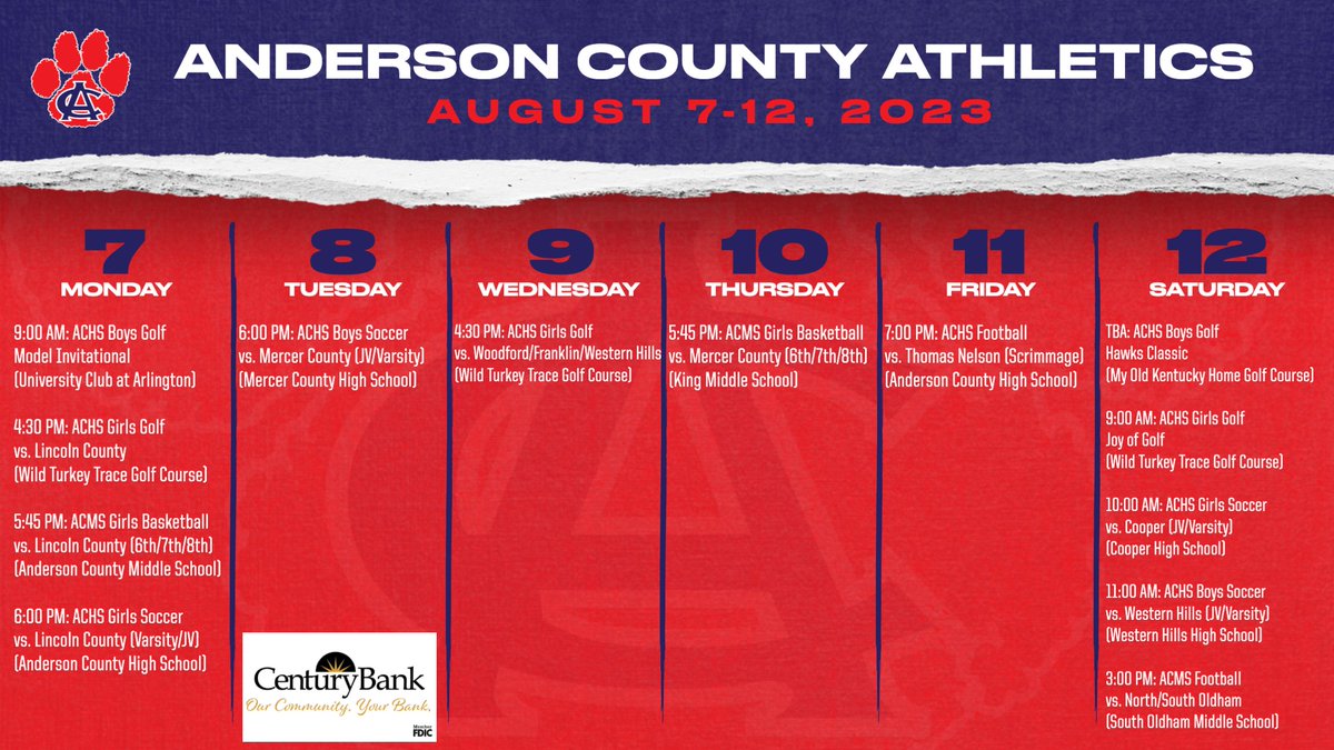 ACAthletics1's tweet photo. Anderson County Schools Weekly Athletic Calendar Sponsored by Century Bank of Kentucky.
Game times are subject to change. Stay up-to-date by visiting the Anderson County Schools Athletics social media accounts daily.
#TeamAC
#OneAC https://t.co/bKypHe243o