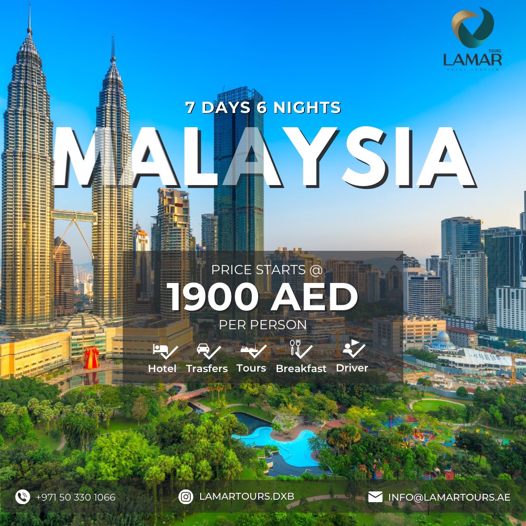 LamarDubai's tweet photo. Embrace the Enchanting Diversity of Malaysia. 

6 Nights of Adventure, Culture, and Serenity Await 

Contact us and plan your Malaysian Adventure today! 

TO INQUIRE OR BOOK WITH US:
Whatsapp (English): +971 54 252 5843
Whatsapp (Arabic): +971 54 252 5847 / +971 50 330 1066 https://t.co/HWl0dWQ8Ms