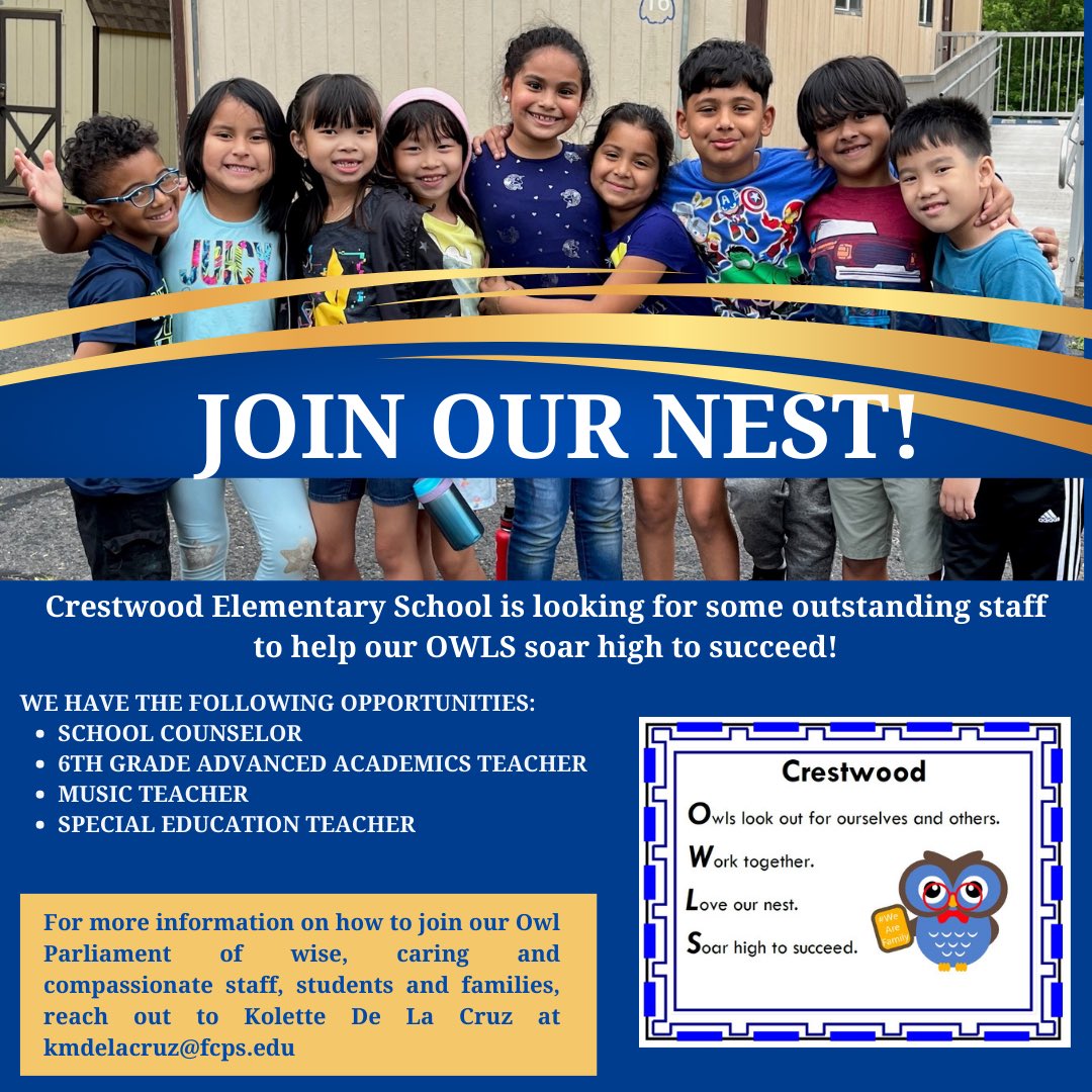 Join our Owl-rific Team as we soar high to succeed!  <a href="/CrestwoodElem/">Crestwood Elementary School</a>