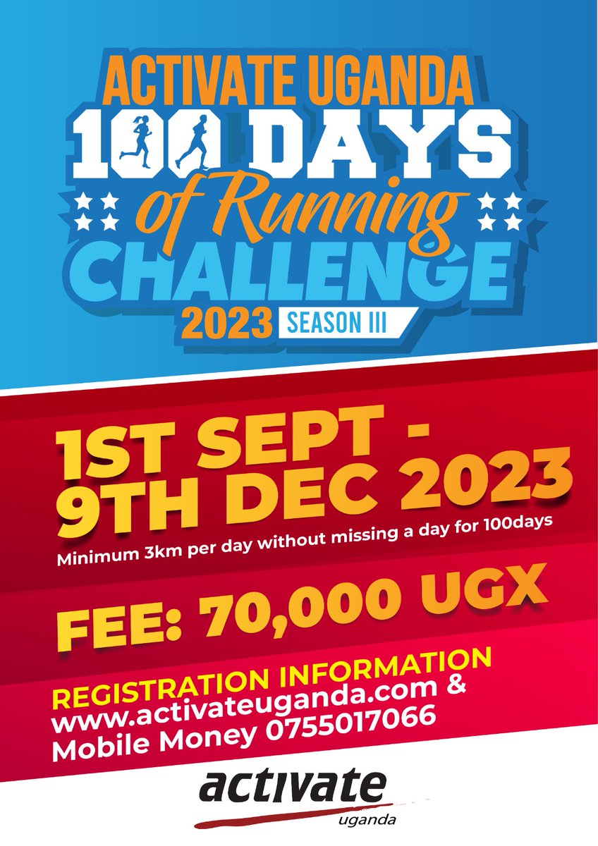 Registration for Activate Uganda 100 Days of Running Season 3 is now open activateuganda.com All you need is 3km of walk/run per day for 100 days without missing a single day! Why not take on the challenge!! @gutsybunch @teammatooke @FastnFurious40 @runnersworld