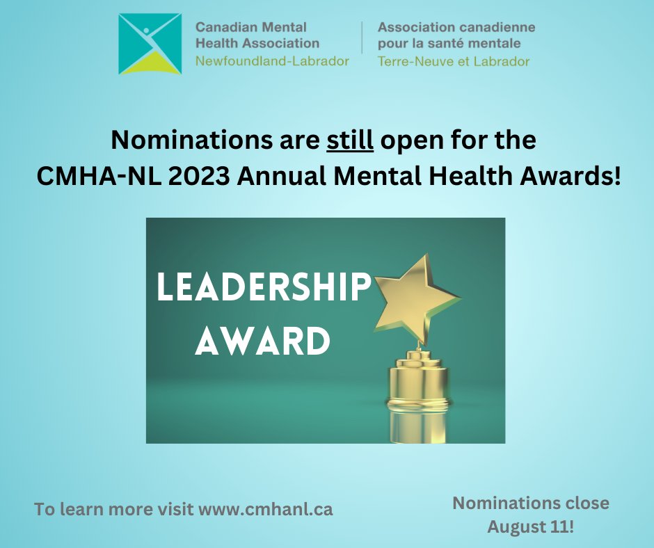 ⤵️ Know someone who demonstrates authentic leadership and dedication to furthering mental health through clinical practice, research, or community service?? 
🙌 Nominate them for the CMHA-NL 2023 Leadership Award 🏆
Learn more at cmhanl.ca/the-latest/new…
