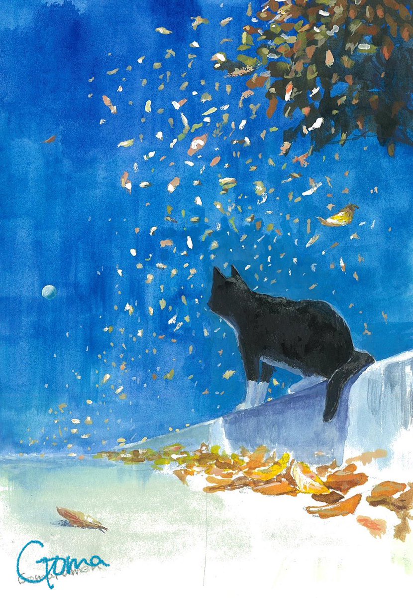 cat no humans black cat traditional media leaf signature painting (medium)  illustration images