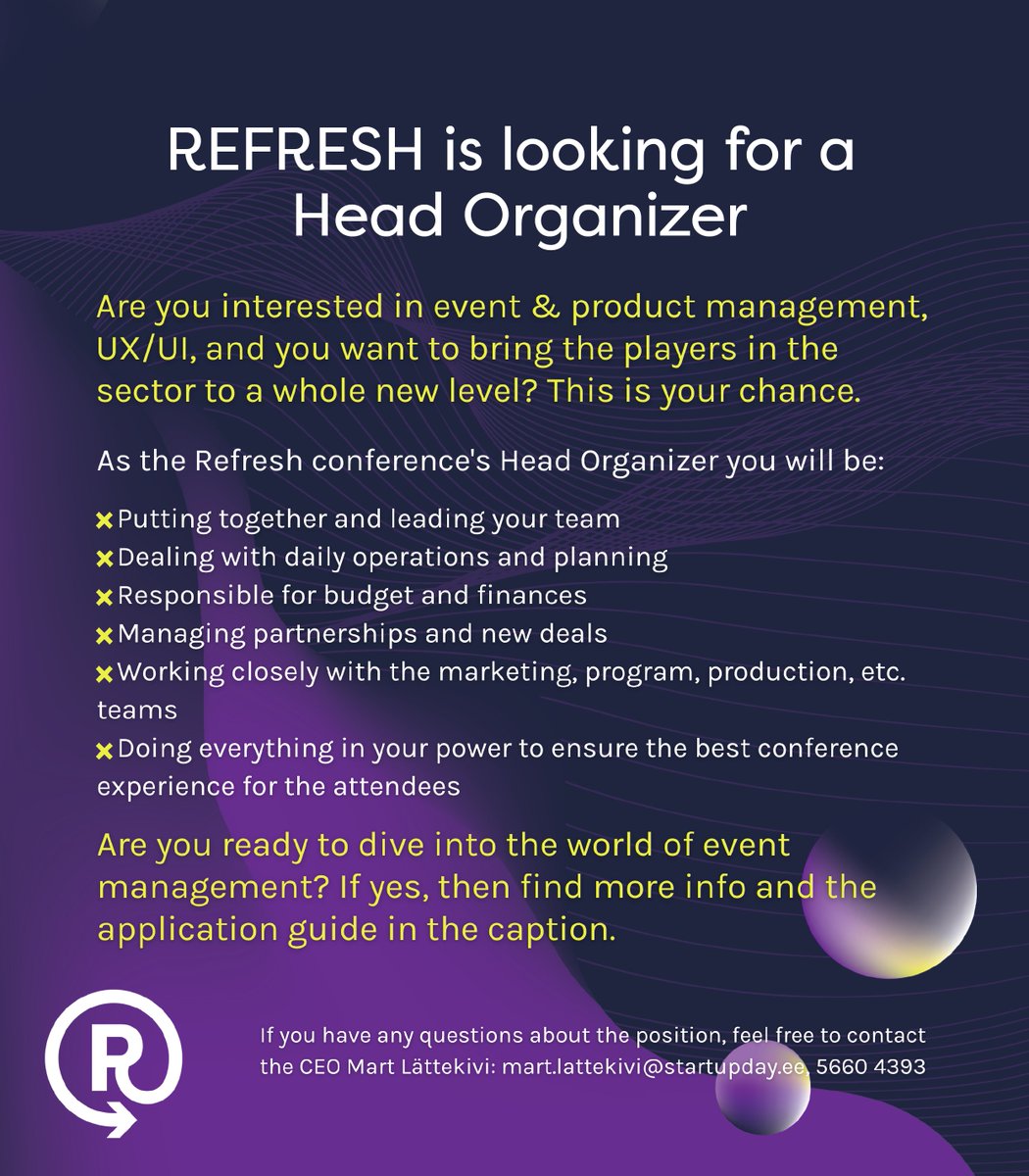 RefreshRocks's tweet photo. Refresh is looking for a Head Organizer! ๐พ
Are you interested in event & product management, UX/UI, and you want to bring the players in the sector to a whole new level? This is your chance.
Read more about the position and apply: https://t.co/CLXG1qvGr9
#refreshrocks https://t.co/EwbSdYPG3c