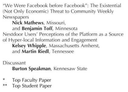 Sad to miss #AEJMC23 this year, especially after having lived in DC until a hot second ago, but: @kelseynwhipple will be in town to present our paper on @Nextdoor as part of a @AEJMCComJIG panel chaired by @joyjenkins. Panel is on Wed, Aug. 9 at 6pm - more info below ⬇️⬇️⬇️