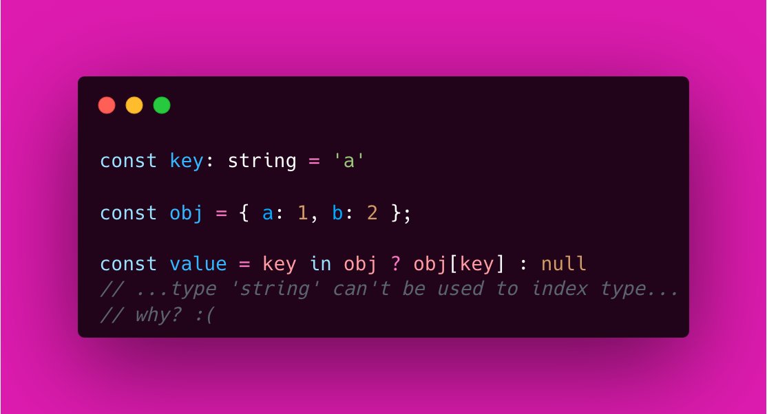Great article <a href="/mattpocockuk/">Matt Pocock</a> totaltypescript.com/concepts/type-…

Any idea why narrowing the type with a "key in obj" statement doesn't do the trick?

Is it just a case of TS compiler not being smart enough (yet?) or is there a different underlying reason? 🙏🏻