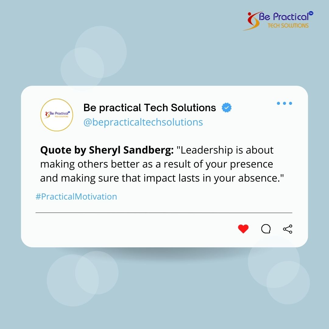 bepractical_com's tweet image. Share the motivation that speaks to you! Tag your friends who need this boost in their career journey. Together, let's inspire and uplift one another. 💪✨
call us at +91 9242079119
#BePracticalTechSolutions #PracticalMotivation #ShareTheInspiration