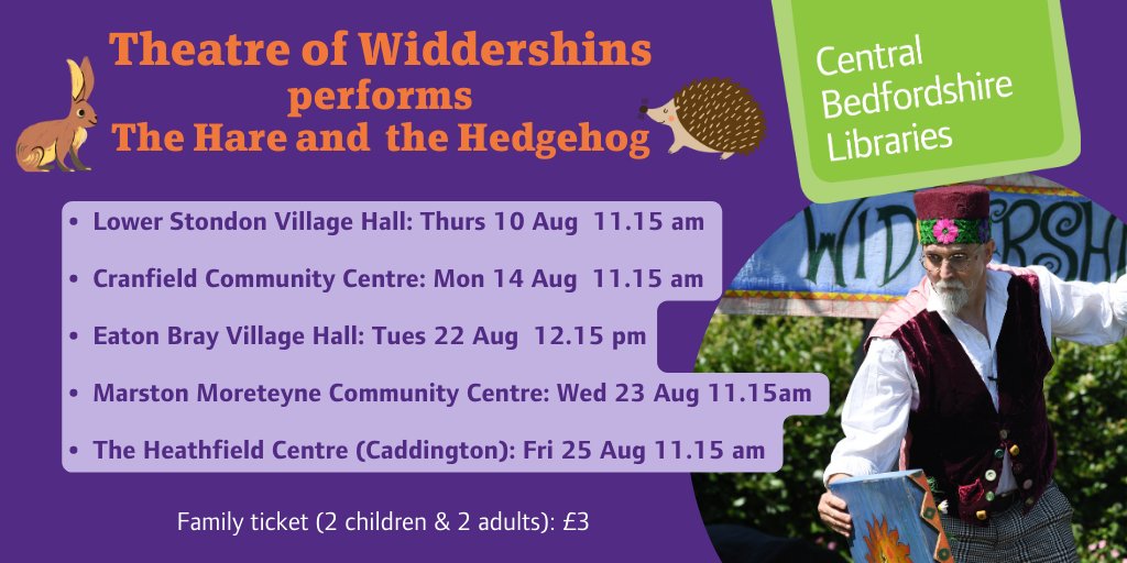 Don't miss out on the opportunity to see this great children's show that captivated audiences (and got 5 star reviews) at Bedfringe eariler this Summer at venue near you. 
Family tickets  £3  buy now on eventbright bit.ly/Hare-Hedgehog