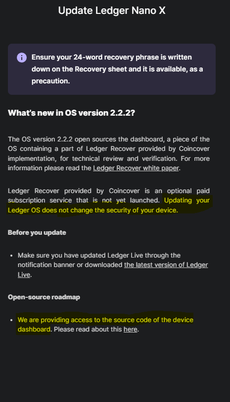 GeeTeeOG's tweet photo. Technically, I understand this, but reading these highlighted parts when relating to a hardware wallet gives me the shivers! 👀🤯

Should I be moving away from @Ledger #NanoX or not? #Ledger #HardwareWallet #Crypto #CryptoTwitter #NFT #CryptoWallet @Coincoverglobal #coincover #LedgerRecover