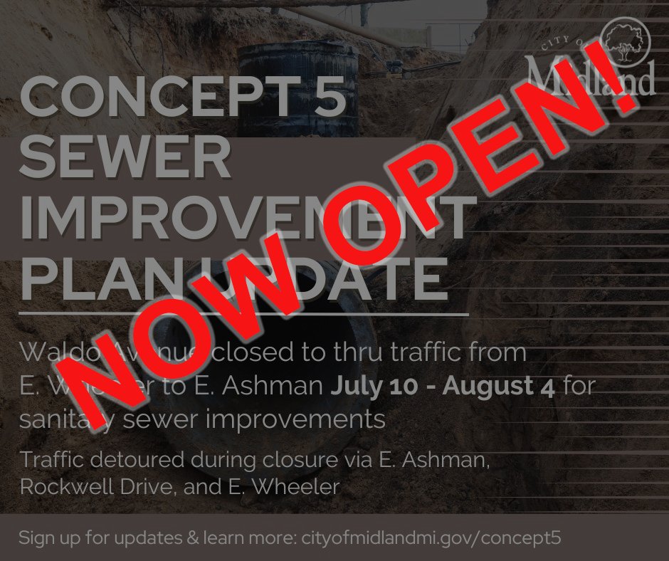 CityofMidlandMI's tweet photo. TRAFFIC ALERT: Waldo Avenue has reopened to thru traffic from Ashman to Wheeler following a 3-week closure for #Concept5 work. 

Please drive safely! https://t.co/rIGXXMK5i6