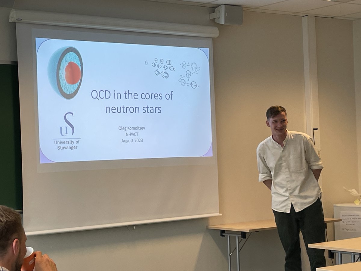 rothkopfAK's tweet photo. Another great talk from @UiSIMF @UniStavanger at #NPACT2023 @UiB: Oleg Komoltsev gives an overview of his recent research, exploring the interior of neutron stars, combining strong interactions theory QCD with multi messenger astronomy &amp; Bayesian inference. @forskningsradet https://t.co/Blk9Ckh0MT