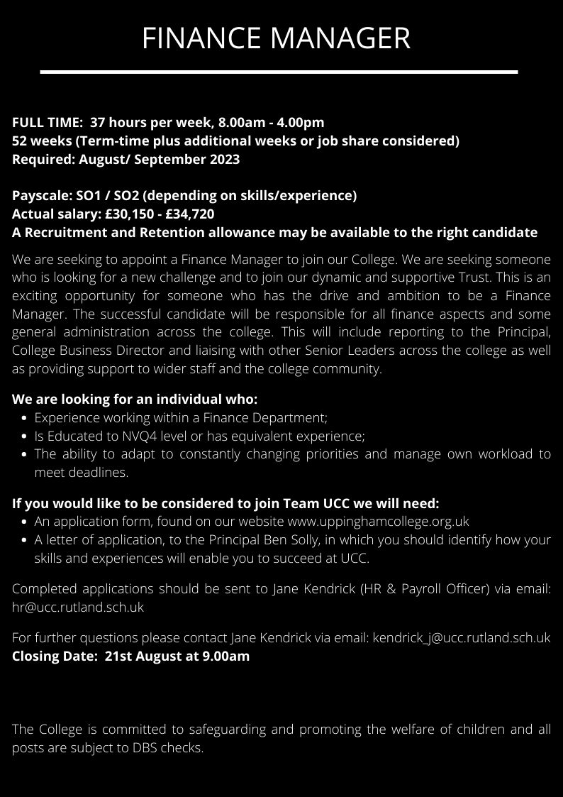 hr_ucc's tweet photo. Join our team!
Are you a team player, looking to challenge yourself?
We are recruiting for a Finance Manager, applications close 21st August 9.00am visit https://t.co/Jm9esKyG8g for more information. https://t.co/ueyx2stSKm