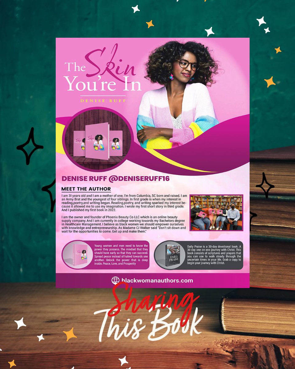 This is another book we’re sharing through an account we follow. 

Denise Ruff <a href="/DeniseRuff16/">Denise Ruff</a>

Mother, Author, Motivational Speaker, and owner of Phoenix Beauty Co LLC. 
IG: instagram.com/niecee_ruff91/ 
Featured Page: blackwomenauthors.com/author-Denise-…