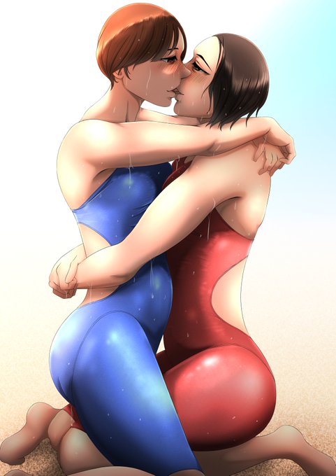 ハーフスパッツタイプの競泳でレズキスする寺井&鳥井絵。 