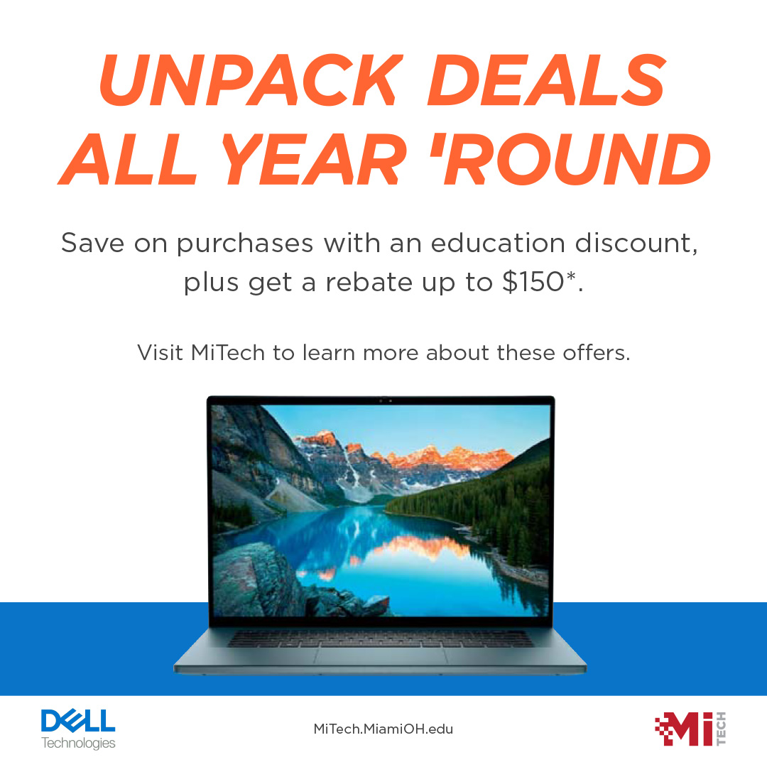MU_MiTech's tweet image. Get the best deal on a Dell laptop at MiTech! Enroll in our laptop program when you purchase for extra tech support. #miamioh