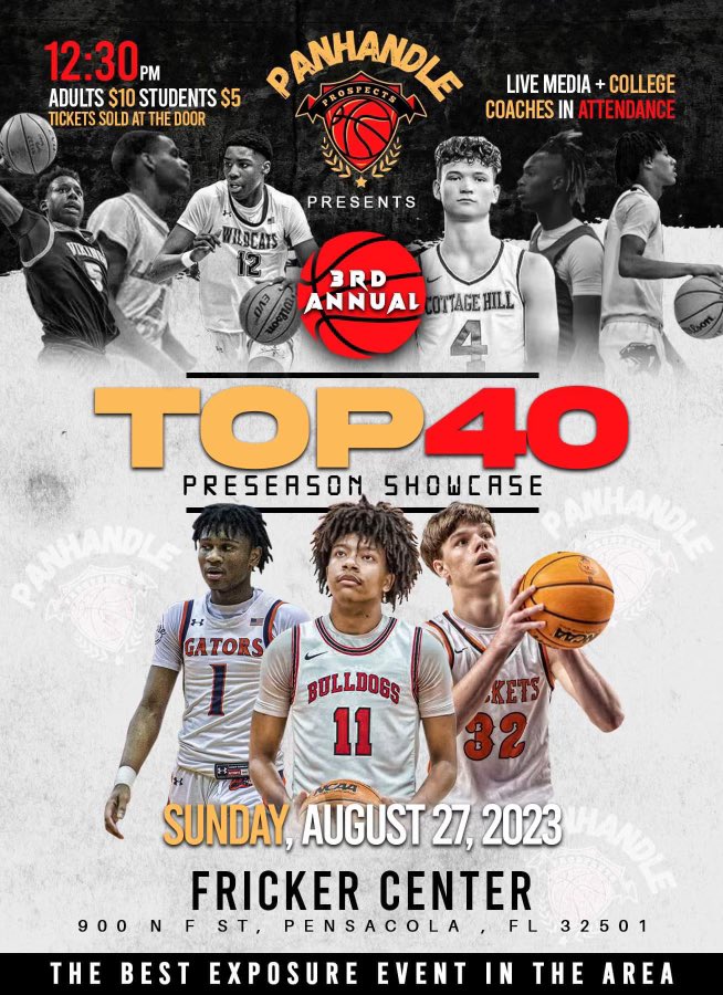 ❗️❗️❗️❗️ 
College Coaches (Don’t Miss)

Panhandle Prospect Top 40 Showecase, Best Exposure Event in the area , Top guys From Panama- Mobile it’s going down !  Great environment  Only 20 days away!  Live media , College coaches ❗️❗️❗️❗️