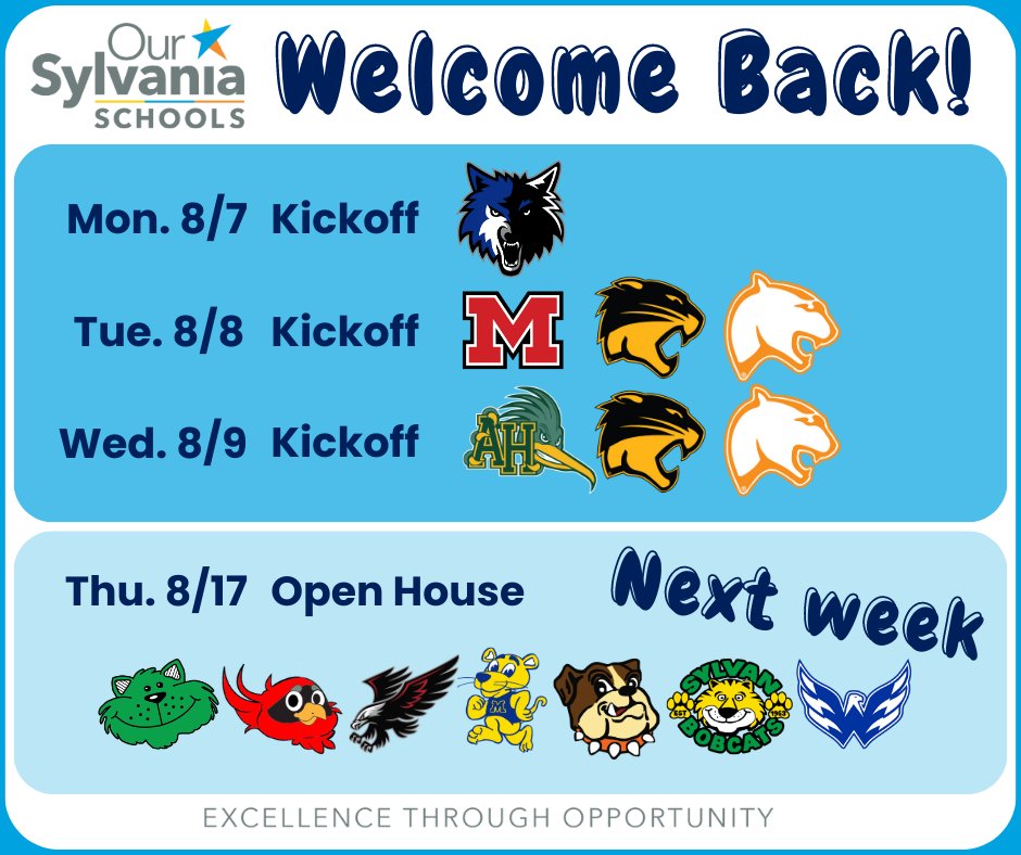 SylvaniaSchools's tweet photo. WELCOME BACK!! 
This week - JH/HS Kickoffs
Next week - Elementary Open Houses
We're ready for a great year!
https://t.co/9xC8Tr3v3e
#sylvaniastudents #backtoschool #excellence #opportunities https://t.co/b7PxfTAZ6O