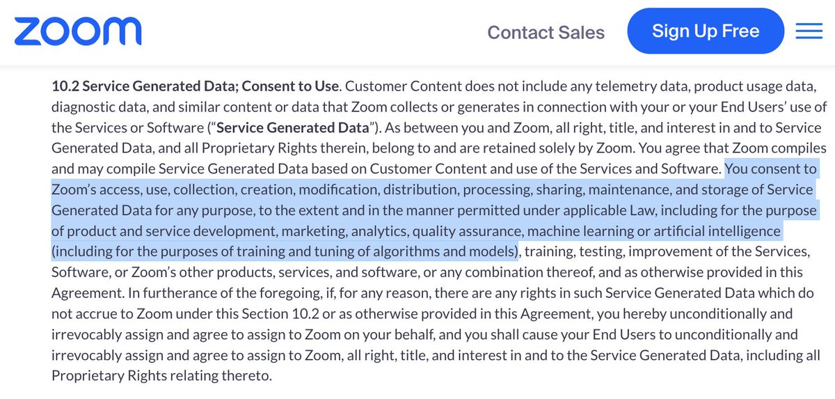 Zoom updated its Terms of Service to permit training AI on user content without opt-out, a thread 🧵