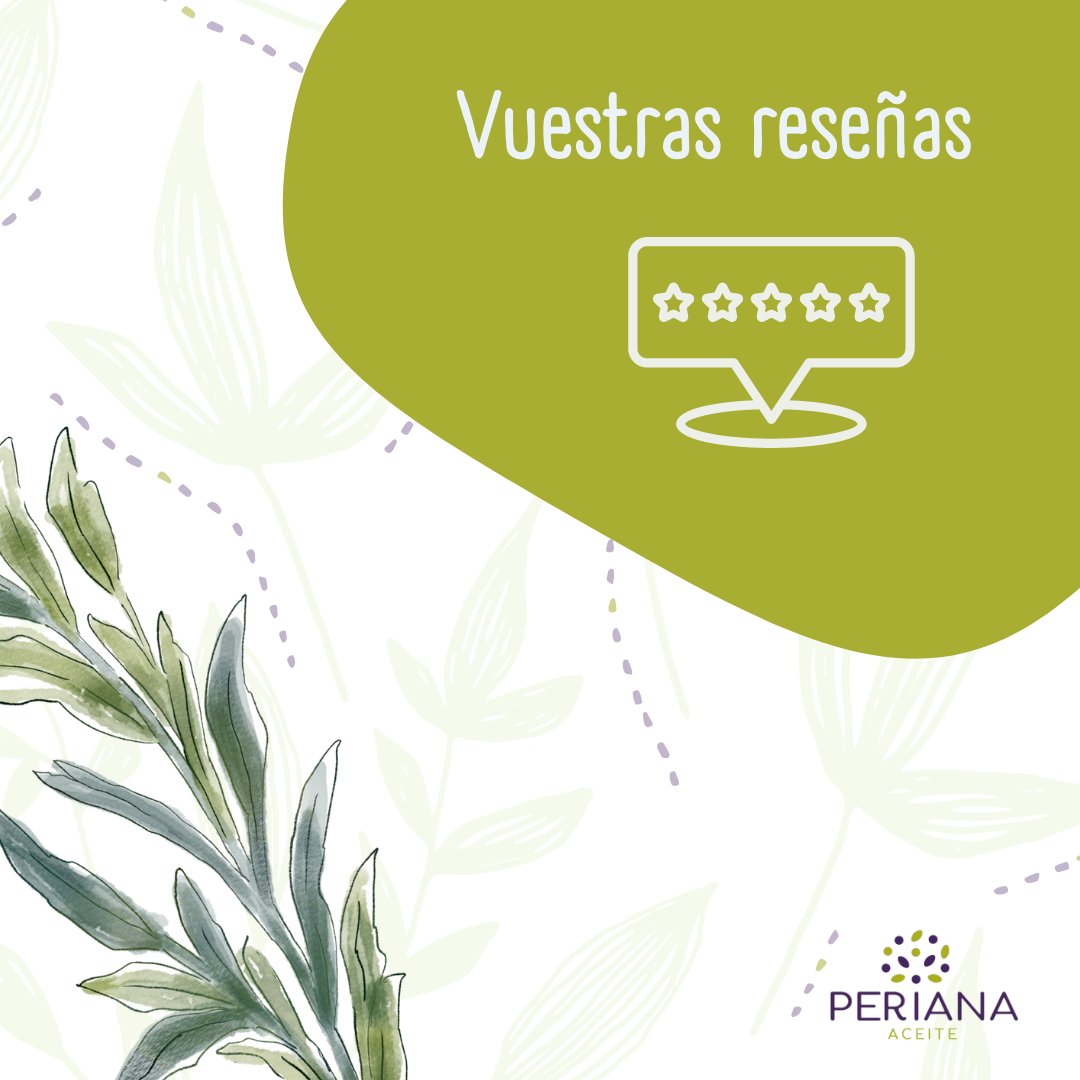 Nos encantan leeros y que nos dejéis reseñas ❤.

⭐⭐⭐⭐⭐ Javier: "Sus aceites son de primera calidad, no he probado otros iguales. Los invito a probar su aceite, veréis que está de 10"

¡Seguimos trabajando para ofreceros lo mejor! 🚀.