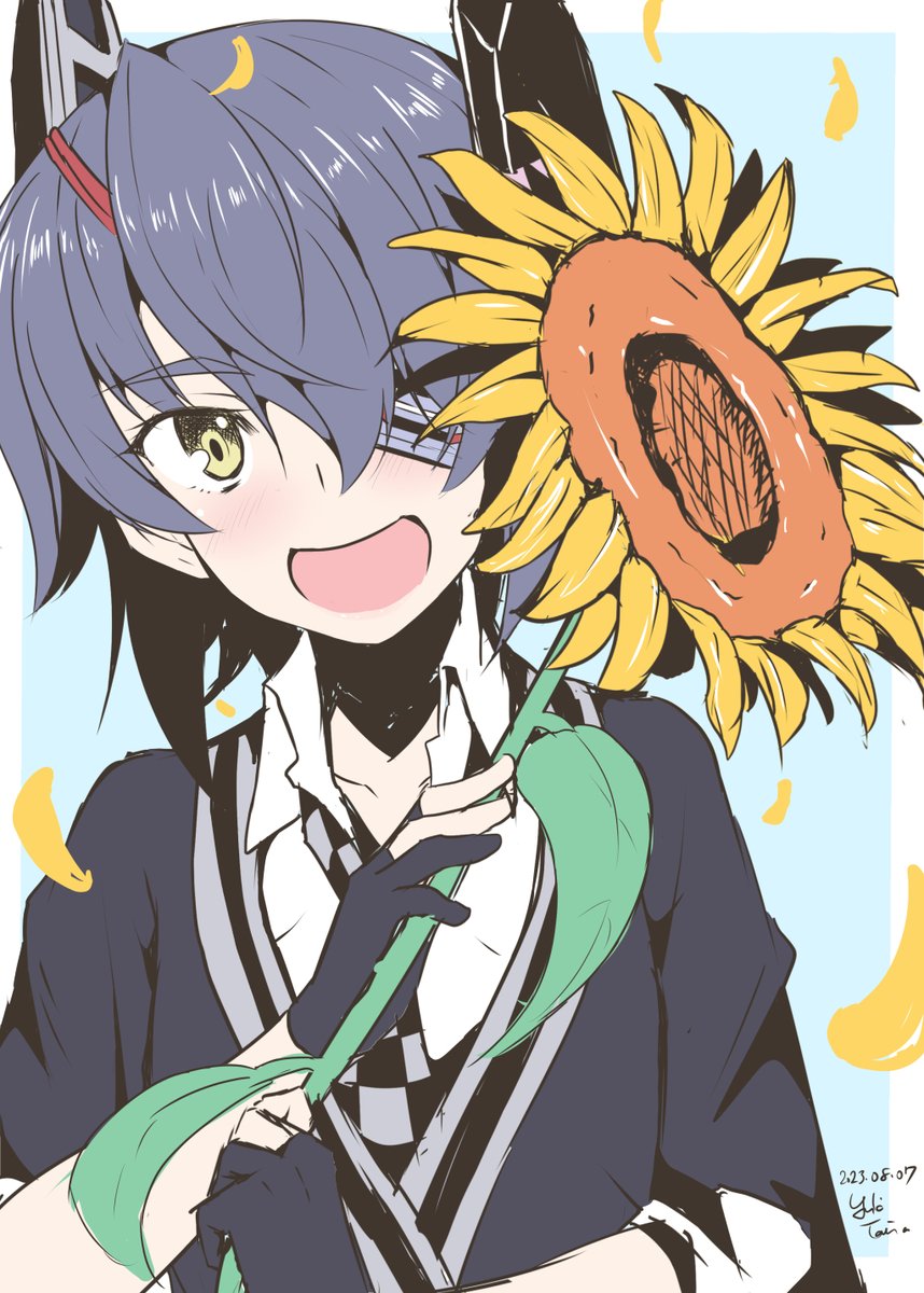 tenryuu (kancolle) 1girl eyepatch flower solo sunflower gloves headgear  illustration images