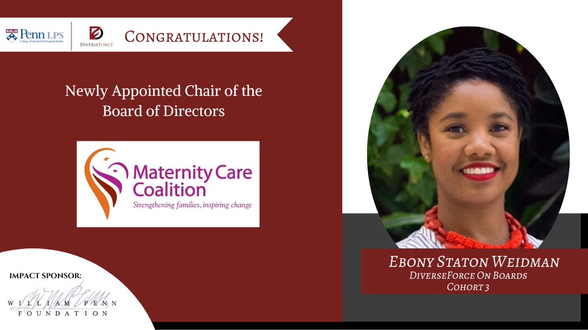 Huge congratulations to Ebony Staton Weidman, an alumnus of our @DiverseForce On Boards Cohort 3 for becoming a new Chair of the Board of Directors for The Maternity Care Coalition. #diverseforce, #diverseforceonboards