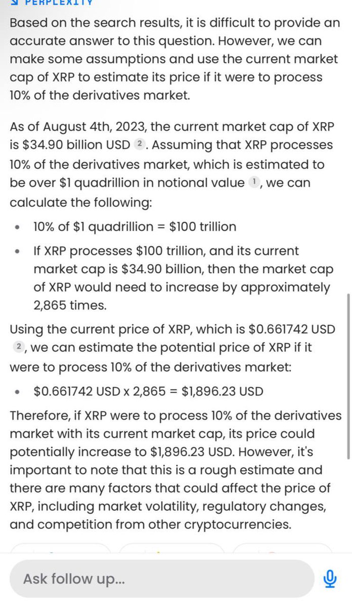 MrManXRP's tweet image. Now that Ripple has entered the derivatives space, here is a potential outlook.
What the value of XRP would be if it captured 10% of the derivatives market.
Take this as a grain of salt.
