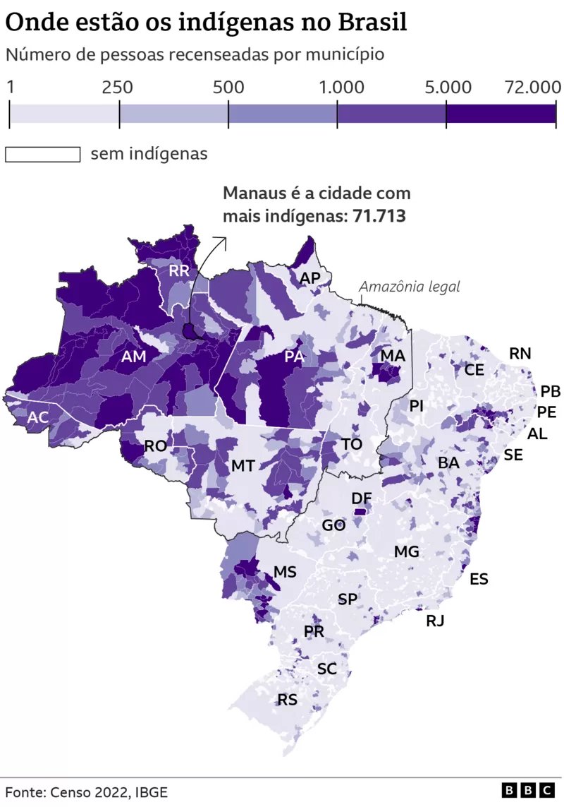 O município com maior número de indígenas no Brasil é Manaus (AM), com 71,7 mil pessoas.

Já a maior proporção ficou em Uiramutã (RR), onde 96,6% dos habitantes são indígenas: bbc.in/3DJdqtw