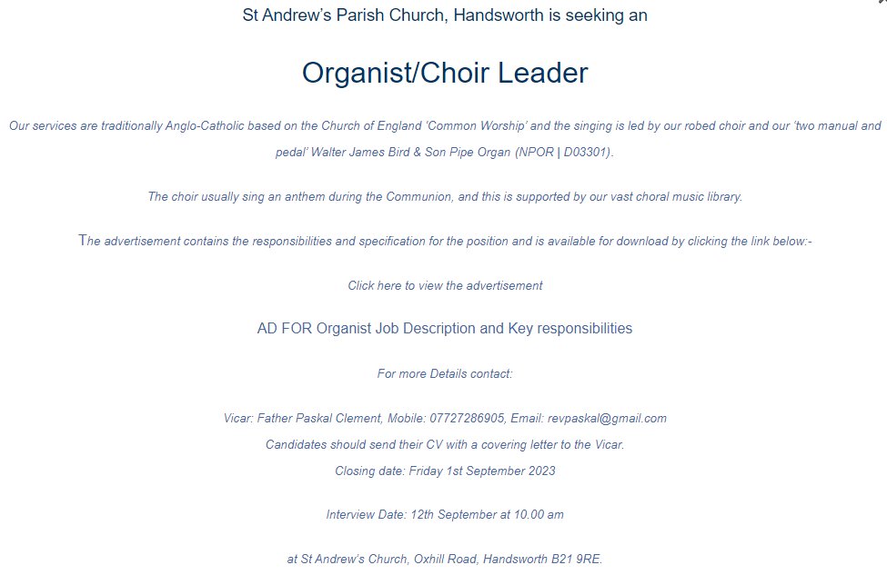 StAndrewCE_HW's tweet photo. St Andrew’s Parish Church, Handsworth
is seeking an Organist/Choir Leader. For further information, please follow the link below:-
https://t.co/CGh7AMhlCK https://t.co/bgXHh8K3pB
