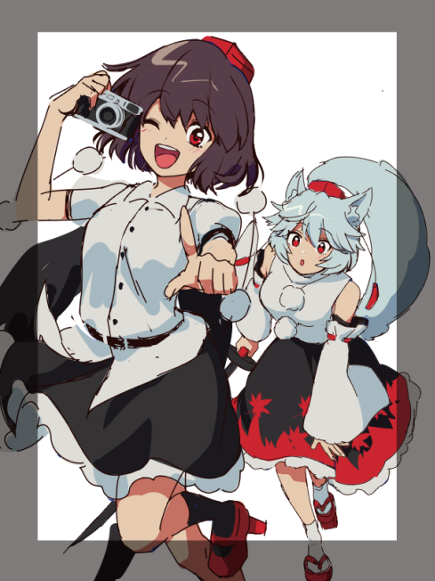 inubashiri momiji ,shameimaru aya multiple girls 2girls red eyes hat skirt tail pom pom (clothes)  illustration images