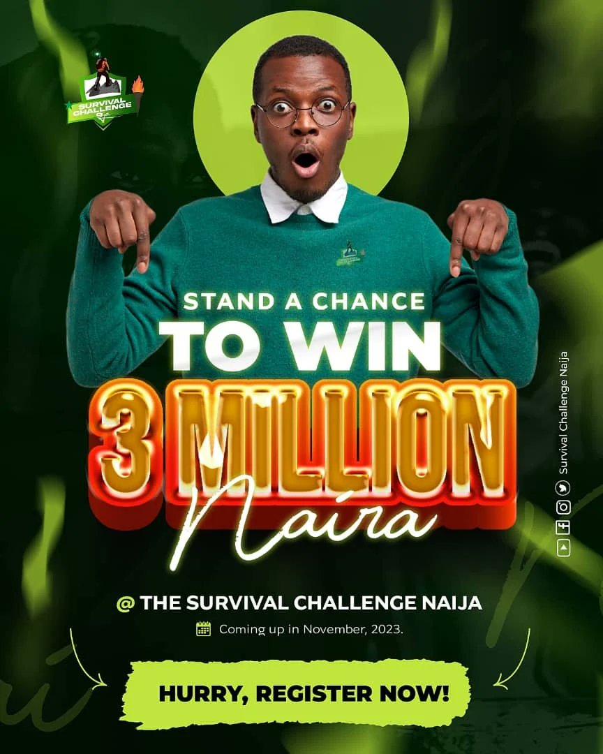 the_ridead's tweet photo. 3 millon naira up for grabs @Surchallenaija The Survival Challenge Naija show happening this November 2023. Have you got what it takes? Hurry up, register and come show your prowess. #RideAD #advertising https://t.co/4qiHE7qcqQ