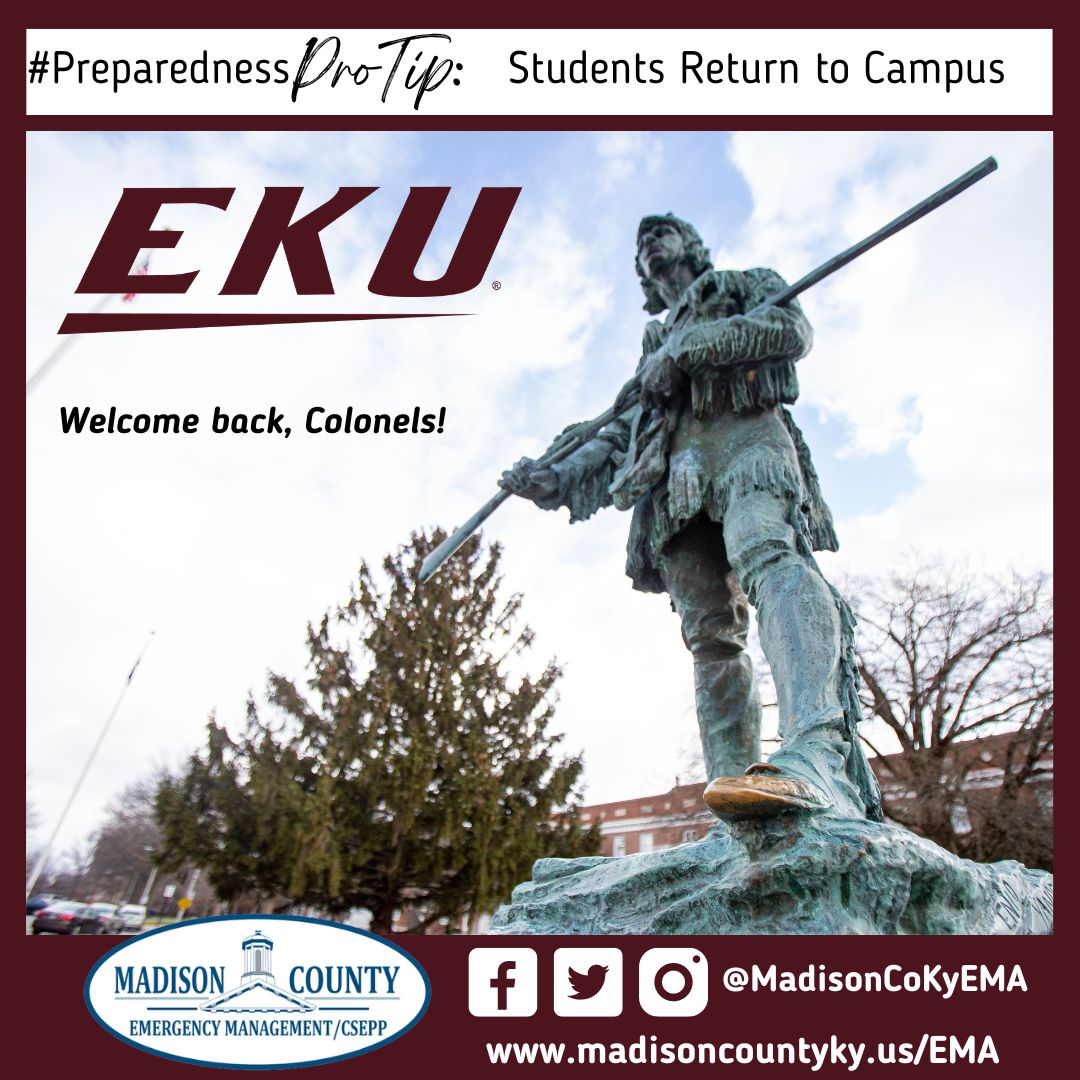 MadisonCoKyEMA's tweet photo. #PreparednessProTip! 👍
Campus will come alive with students this week! Choose alternative routes as high traffic is expected. If you know a Colonel, tell them to follow us for weather updates, traffic advisories, safety tips, and more! #MadisonCoKyEMA #YourPartnerInPreparedness https://t.co/lbecsPegzo