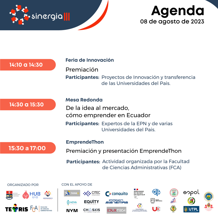 Este 8 de agosto, te esperamos en el #SinergiaIII, un encuentro entre universidades y empresa privada.  Tendremos: 🔬 Feria de Innovación 🤓 Charlas tipo TED ✅ Actividades Inmersivas  
📌Registro: bit.ly/3PF5wsj
