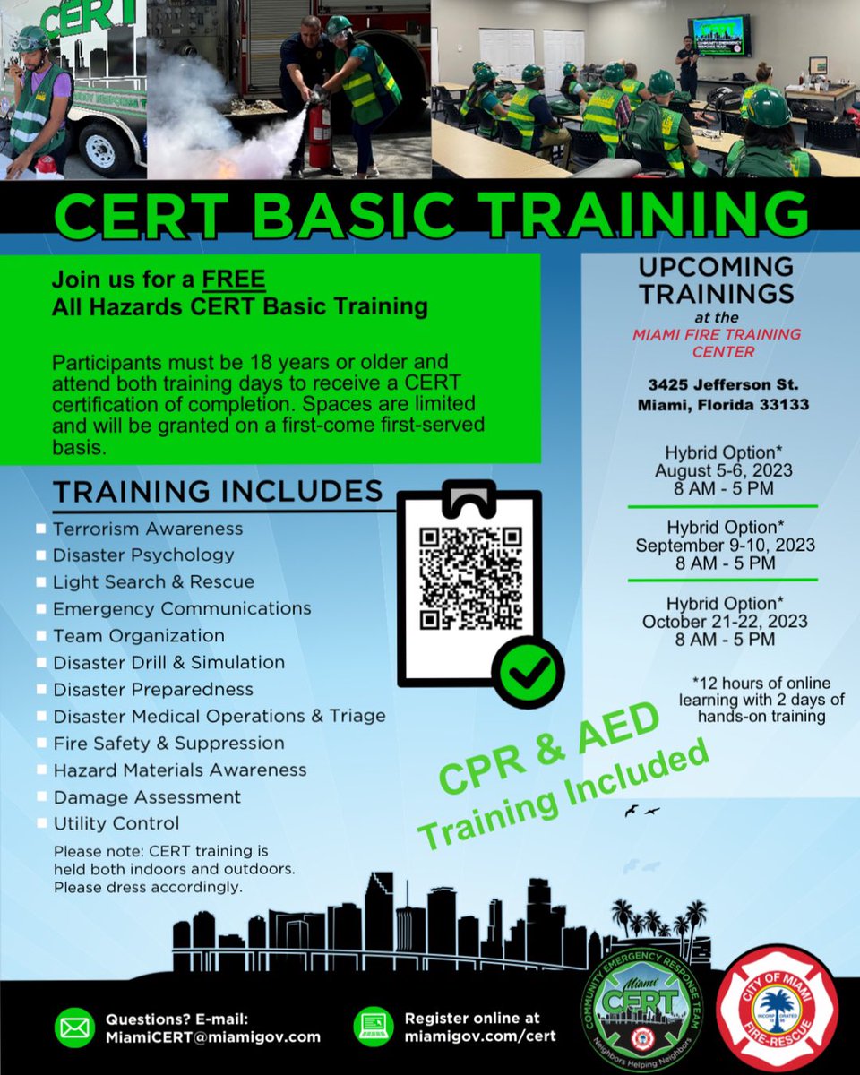 Do you want to learn the basic skills to safely help yourself, your loved ones and the community when disaster strikes? Then come join our team <a href="/miami_cert/">MiamiCERT</a> Sign up now and make a difference. @miamifirerescue @cityofmiami