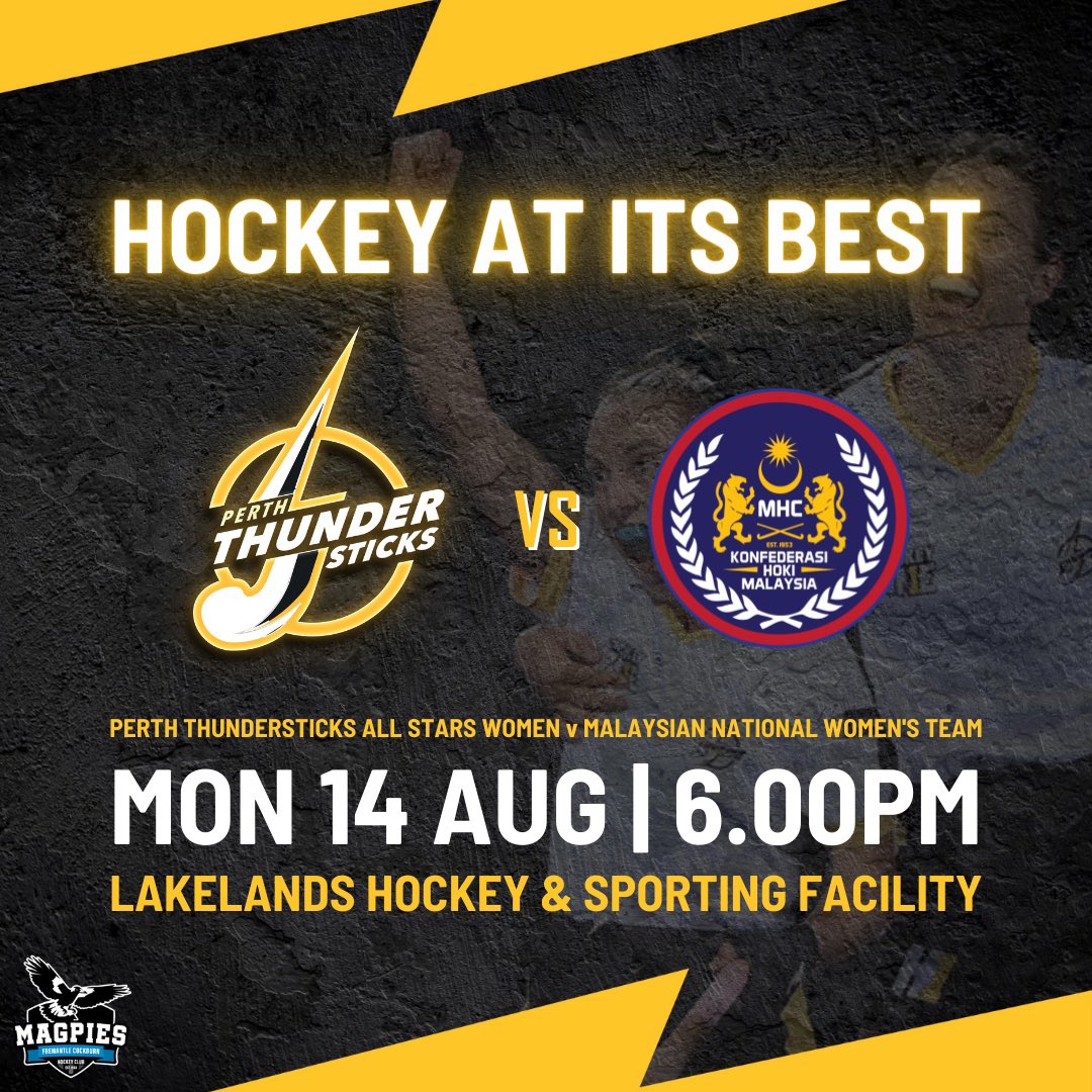 🚨BIG GAME ANNOUNCEMENT🚨 Hockey At It’s Best @ The Nest! Head down for 6pm on Monday night (14th Aug) to catch YOUR @ThundersticksH1 taking on the Malaysian Women’s national team! @Hockey_WA @CityOfCockburn @H1League