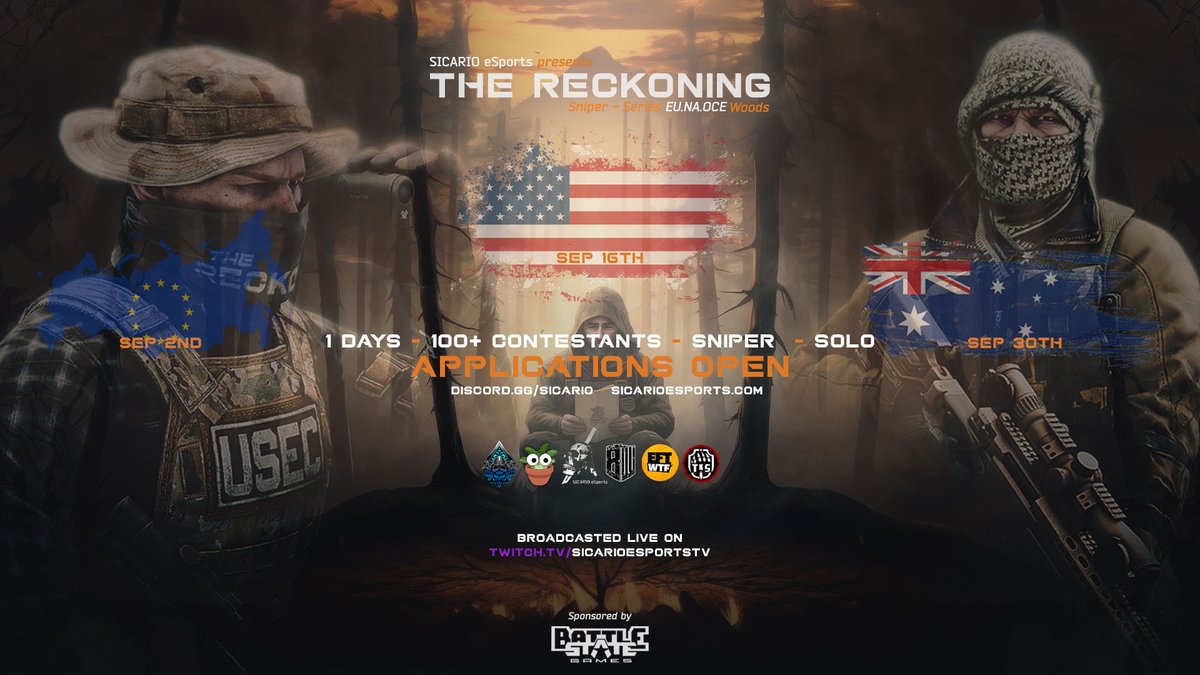 Sicario_eSports's tweet photo. Sicario eSports presents, 
'The Reckoning' sniper - series 

Applications OPEN 
Discord: https://t.co/9yAuhu5Q4F
Website: https://t.co/qNzKAEzVvI

September 
EU 2nd | NA 16th | OCE 30th 

Private Accounts &amp; Servers.  

Sponsored by @bstategames 🫶 https://t.co/Jm6n9cMDFg