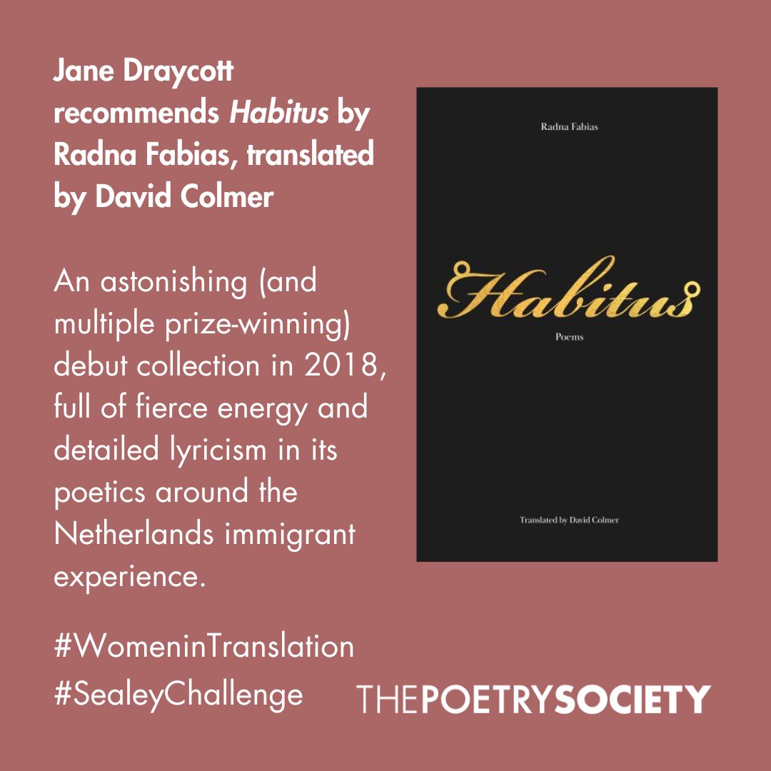 PoetrySociety's tweet photo. For the #SealeyChallenge, the challenge to read a poetry book every day in August, #NationalPoetryCompetition 2023 judge, Jane Draycott recommends 'Habitus' by Radna Fabias, translated by David Colmer, published by @DeepVellum. https://t.co/rvJQkCQDlG