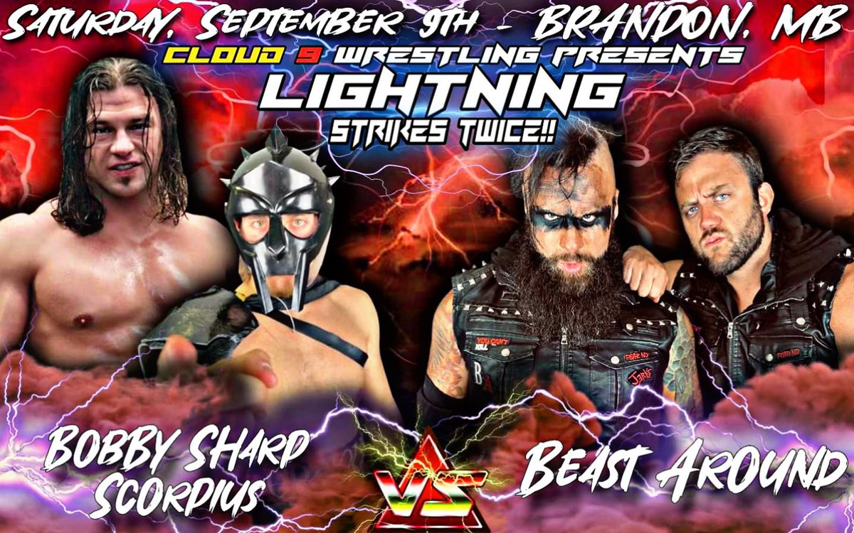 c9wrestling's tweet photo. @TheTravisCole and @thecheetahbear vs @lionwarriorab and Scorpius 

Saturday, September 9th - BRANDON, MB
Great Western Roadhouse (1125 18th St) 
🚪5:00PM
🔔6:05 PM
🎟️$15 in advance, $20 at the door
Kids 12 &amp; Under $5
Advance tickets: https://t.co/86yeNeKpD7 https://t.co/GUWlmvD3ie