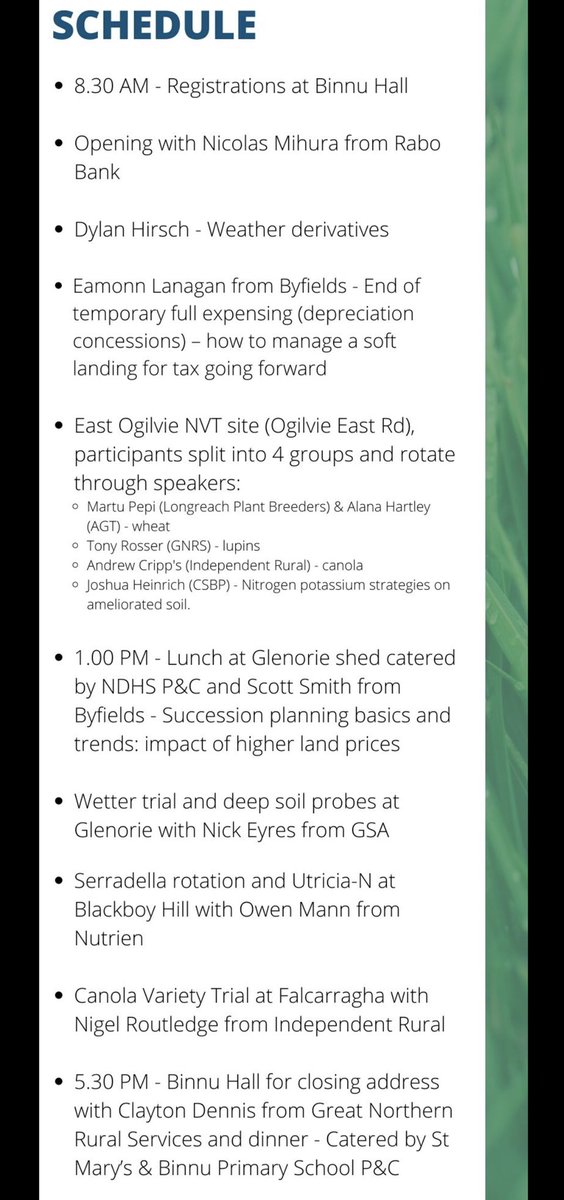 Northern Agri Group (@groupnag) on Twitter photo ๐ NAG Spring Field Day program is here ๐
Checkout the details below, a great day lined up with a variety of speakers and trials ๐พ๐
<a href="/RabobankAU/">Rabobank Australia</a> <a href="/hirschirsch/">Dylan Hirsch</a> <a href="/ByfieldsWA/">Byfields</a> <a href="/RosserTony/">Tony Rosser</a> <a href="/CSBPfertilisers/">CSBP Fertilisers</a> <a href="/eyres_N/">Nick Eyres</a> <a href="/NutrienWAagri/">Nutrien WA Agronomy</a> <a href="/NigelRoutledge/">Nigel Routledge</a> <a href="/agtbreeding/">AGT</a> ๐ NAG Spring Field Day program is here ๐
Checkout the details below, a great day lined up with a variety of speakers and trials ๐พ๐
<a href="/RabobankAU/">Rabobank Australia</a> <a href="/hirschirsch/">Dylan Hirsch</a> <a href="/ByfieldsWA/">Byfields</a> <a href="/RosserTony/">Tony Rosser</a> <a href="/CSBPfertilisers/">CSBP Fertilisers</a> <a href="/eyres_N/">Nick Eyres</a> <a href="/NutrienWAagri/">Nutrien WA Agronomy</a> <a href="/NigelRoutledge/">Nigel Routledge</a> <a href="/agtbreeding/">AGT</a>