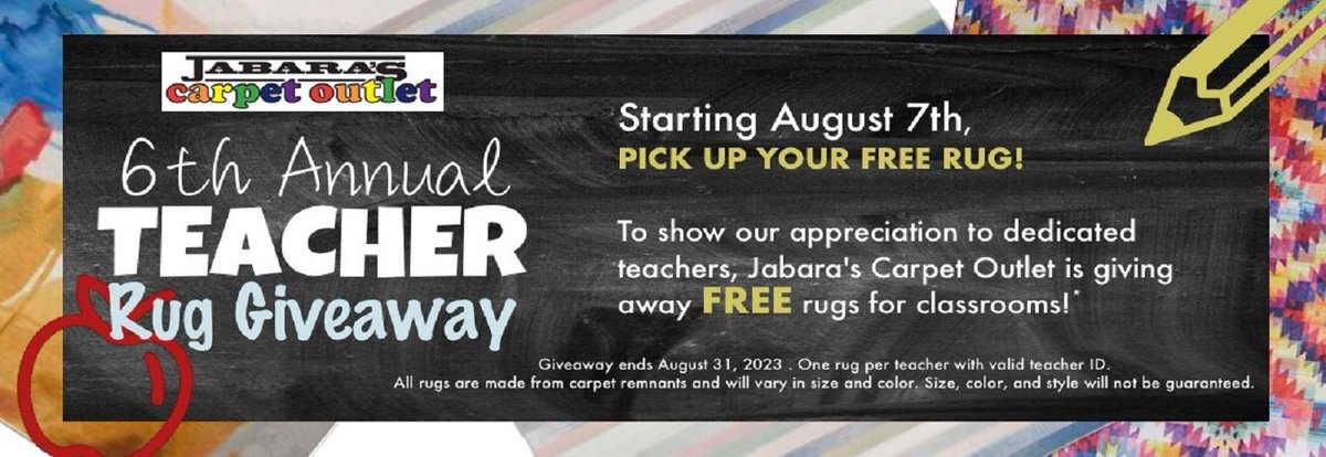 The 6th annual #teacherruggiveaway starts today! 500 rugs for 500 teachers! jabaras.com/teacher-rug-gi…