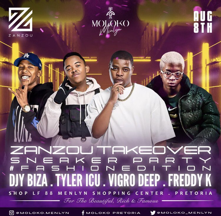 Cmdlamza's tweet photo. Tomorrow night @Moloko_Menlyn will be open. As it is a @zanzoupretoria TAKEOVER and a SNEAKER PARTY. Y’all are all welcome to pull through with your best sneakers and be comfortable while partying 🥂
#FashionEdition https://t.co/a7Cv1eJECl
