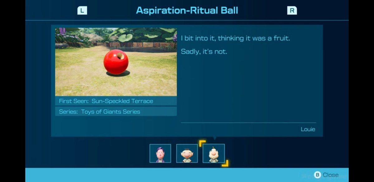 Mossworm1's tweet image. in pikmin 4 the character Louie writes descriptive entries for the objects you collect and they're all about how he loves fidget toys and Textures and putting unfamiliar things in his mouth